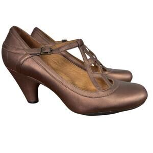 Clarks Indigo Bronze Leather Chunky Hight Heels Shoes Ankle Strap Womens sz 11